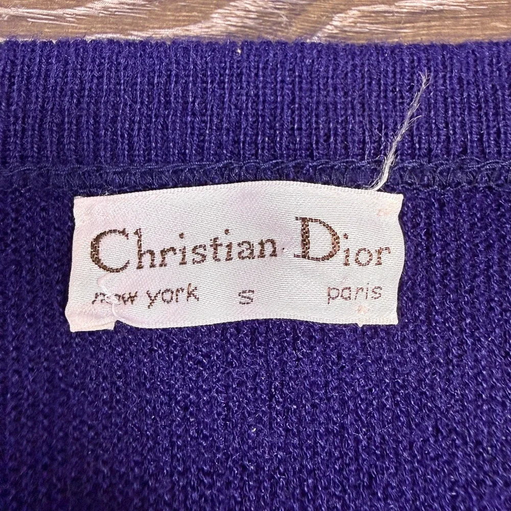 Vintage Christian Dior Sweater Mens S Navy Orlon Acrylic V Neck USA Made 80s‎